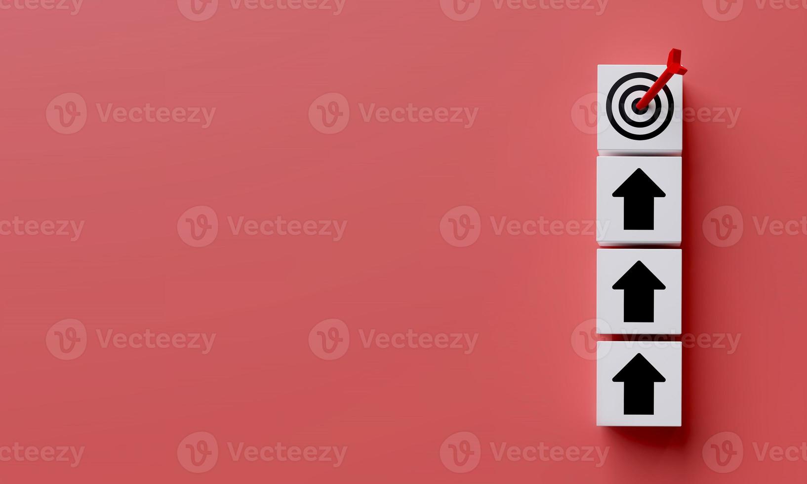 White cube with arrow pointing to target icon with copy space. concept of planning for goals of success and planned business growth. photo