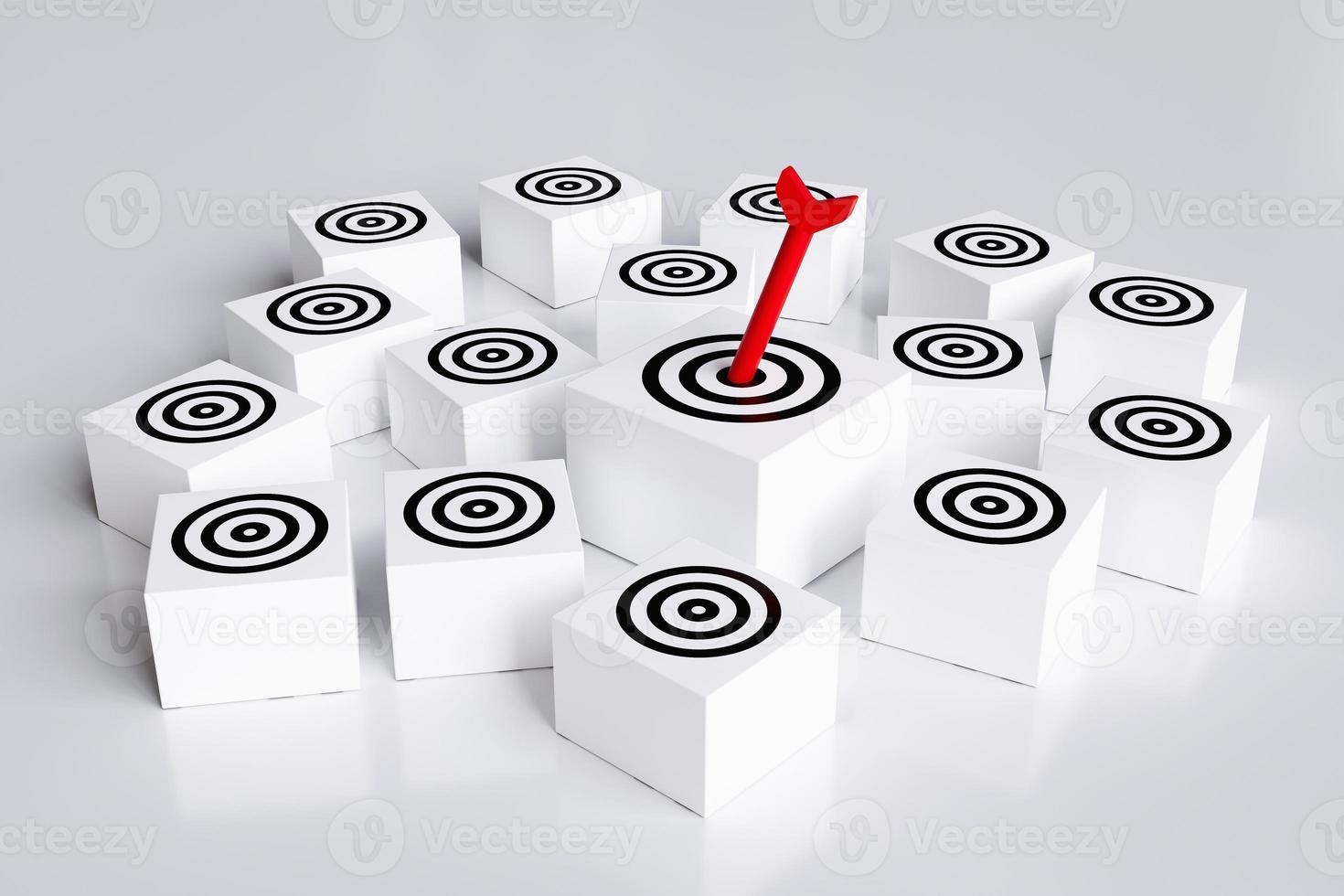 Arrows hit target on square block board with multiple targets. concept of business symbol target audience, selecting a target audience for business success, and achievement of objectives. photo