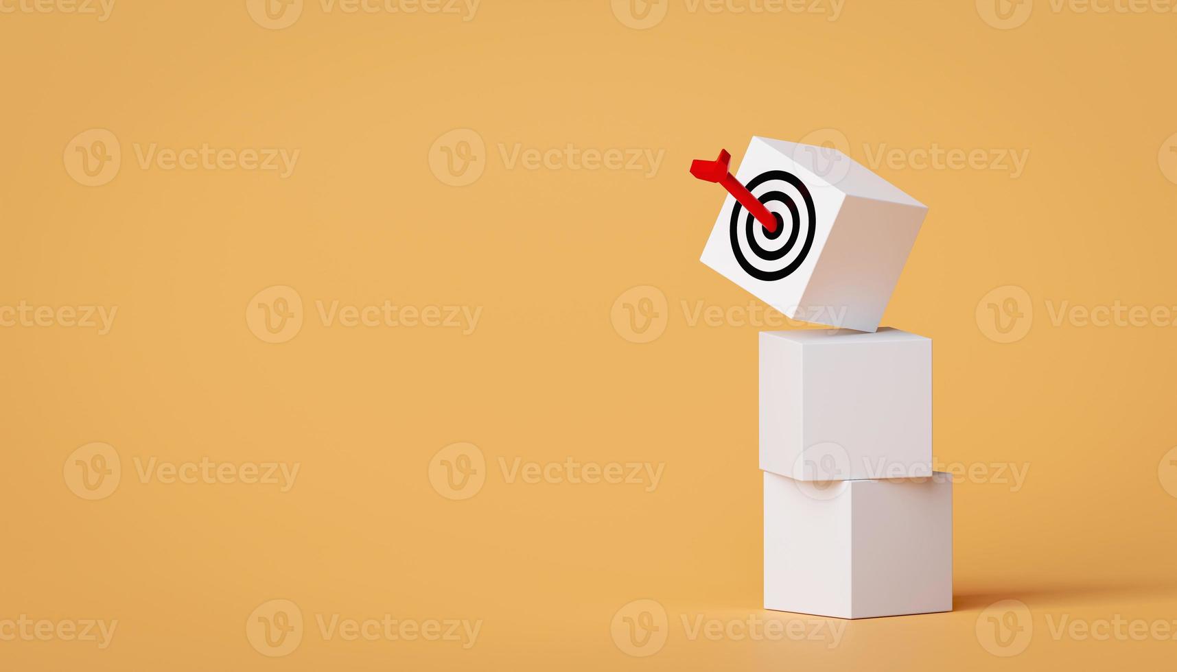 Arrow hits target board on square blocks with copy space. concept of business symbol target audience, selecting a target audience for business success, and achievement of objectives. photo