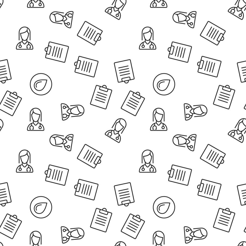 Vector seamless pattern of blood, medical prescription, female doctor on white background. It can be used for printing on various surfaces