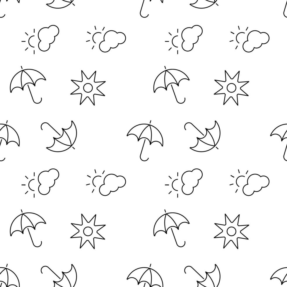 Seamless monochrome repeating pattern of umbrella, sun, clouds vector