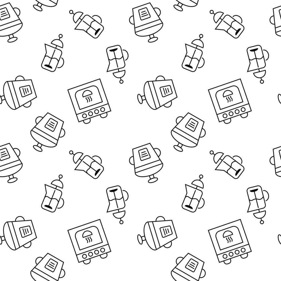 Seamless vector repeating pattern of teapot, multicooker, oven is made of line icons for polygraphy and websites