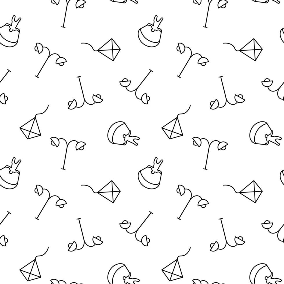 Seamless monochrome repeating pattern of kite, street lamp, paragliding vector