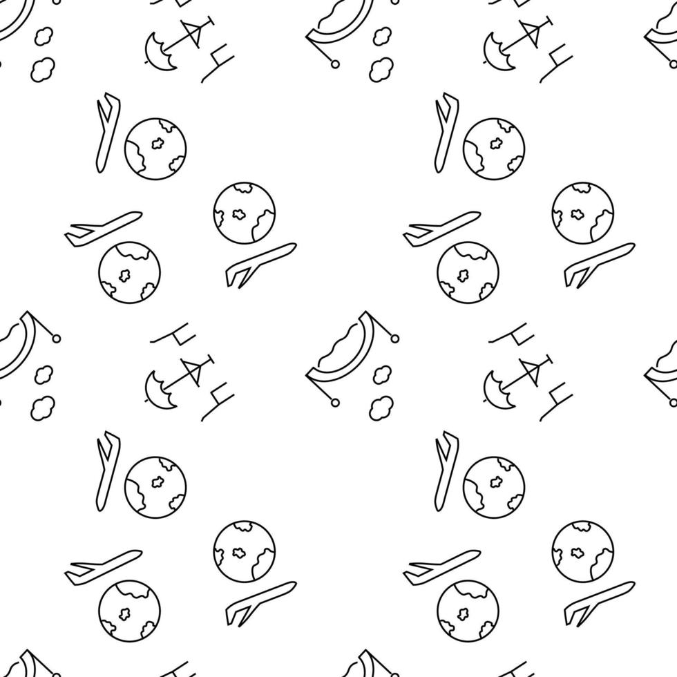 Seamless monochrome repeating pattern of street cafe, airplane, planet, bridge over river vector