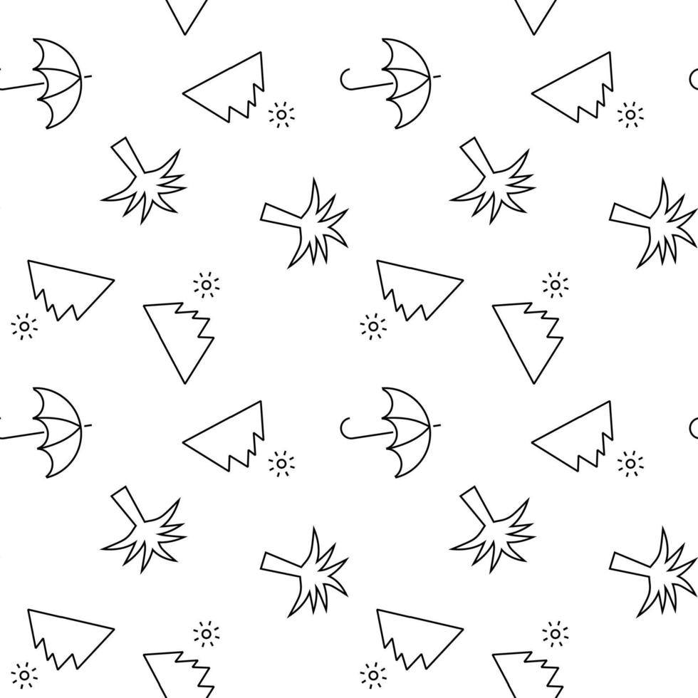 Seamless monochrome repeating pattern of palm, umbrella, sun over mountains vector