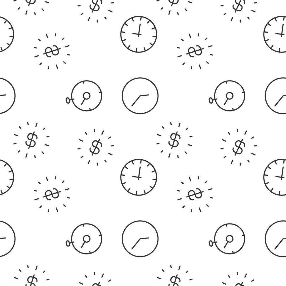 Seamless vector monochrome pattern of timer and clock with dollar inside for covers, shops, wrappers, sites, apps