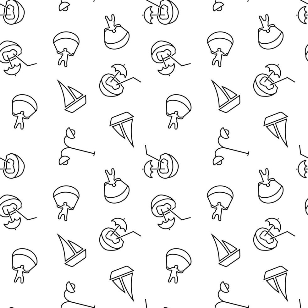 Seamless monochrome repeating pattern of paragliding, street lamp, sailing, coconut water vector