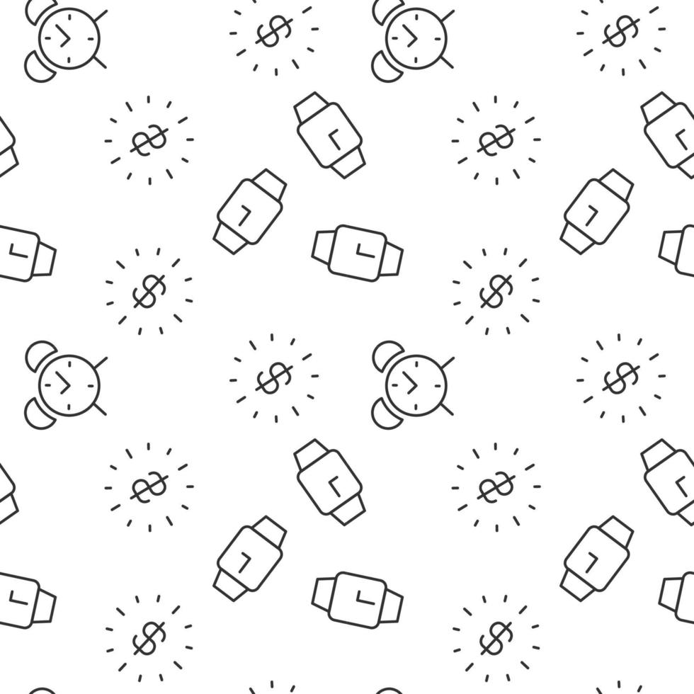 Seamless vector monochrome pattern of wristwatch, alarm clock, dollar inside of clock for covers, shops, wrappers, sites, apps
