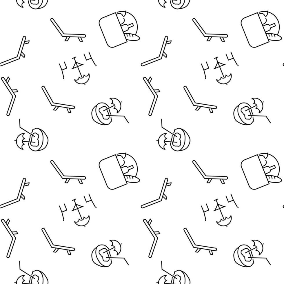 Seamless monochrome repeating pattern of deckchair, street cafe, coconut water, picnic vector