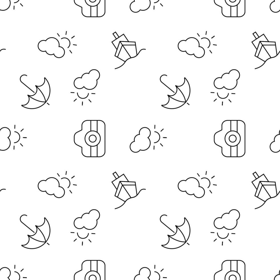 Seamless monochrome repeating pattern of photo camera, umbrella, sun over clouds vector
