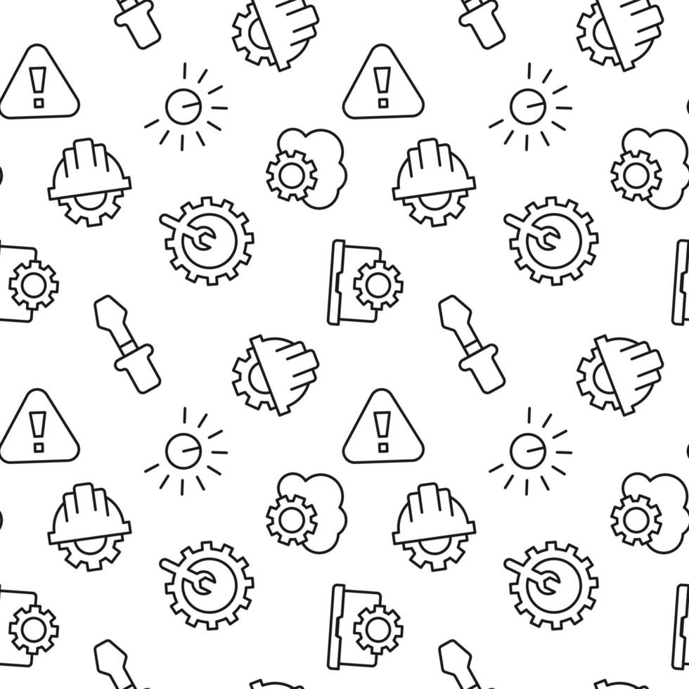 Monochrome vector seamless pattern of wrench, spanner warn sign, indicator, laptop for web sites and polygraphy