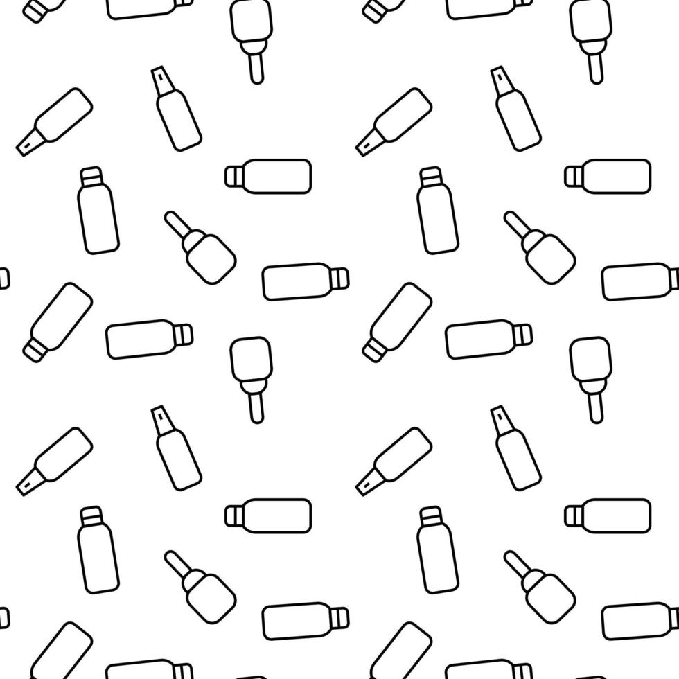 Vector seamless pattern of bottles for shampoo, gel, foam, soap on white background. It can be used for textile, backgrounds, placards