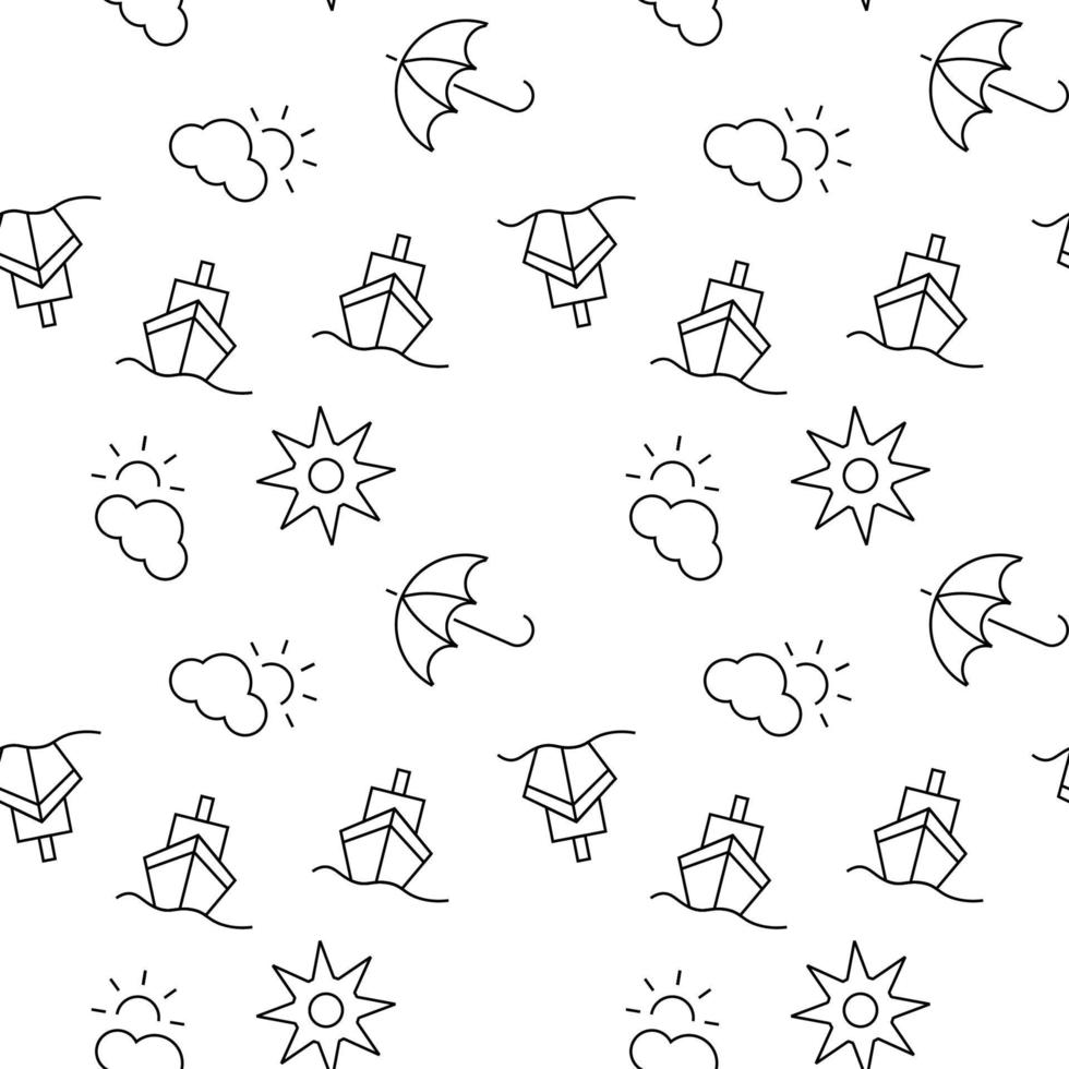 Seamless monochrome repeating pattern of umbrella, ship, sun, cloud vector