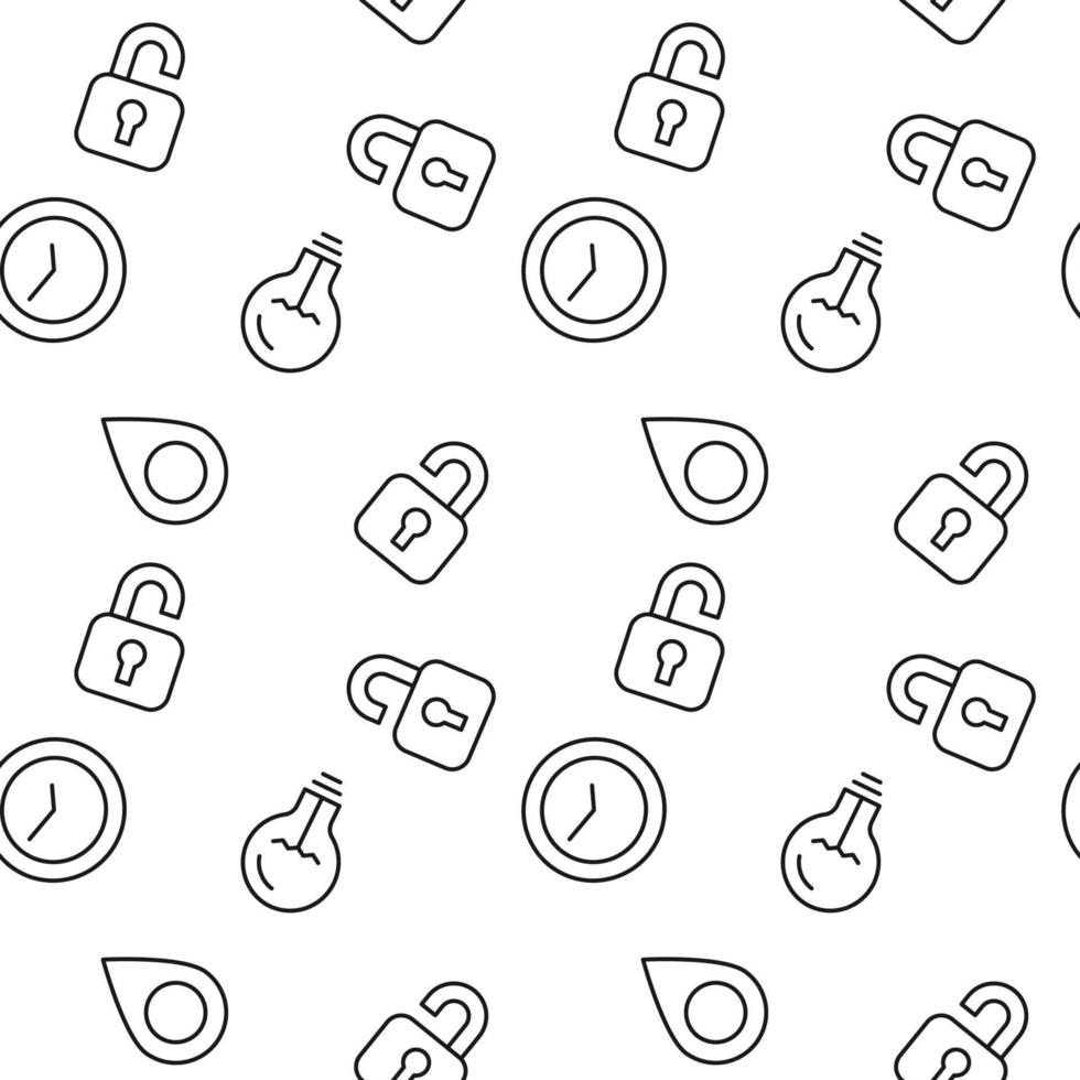 Monochrome vector seamless pattern of lock, light bulb, geolocation sign for web sites and polygraphy