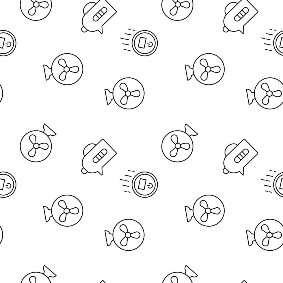 Seamless vector repeating pattern of robot vacuum cleaner, teapot, fan made of line icons for polygraphy and websites