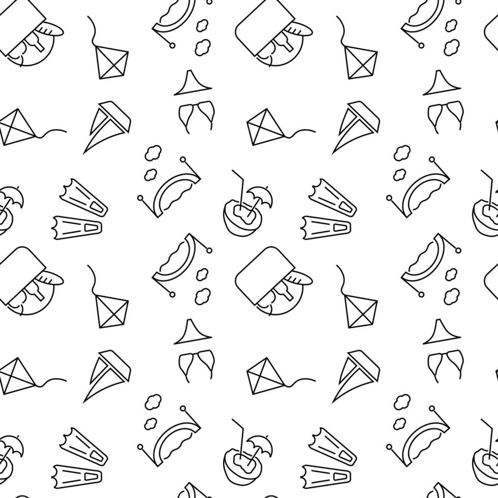 Seamless monochrome repeating pattern of picnic, coconut water, kite, bridge, bikini, slippers vector