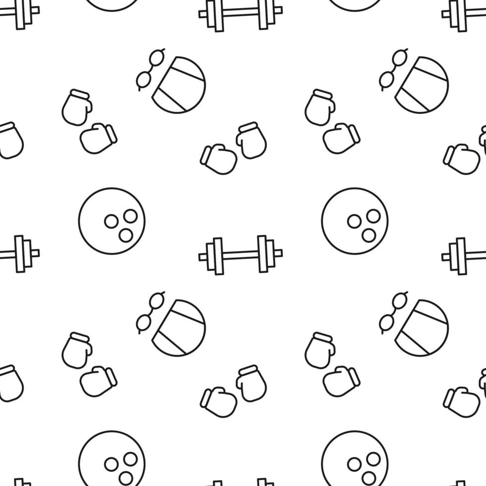 Monochrome vector seamless pattern of dumbbell, swim cap, gloves for boxing, bowling for web sites and polygraphy