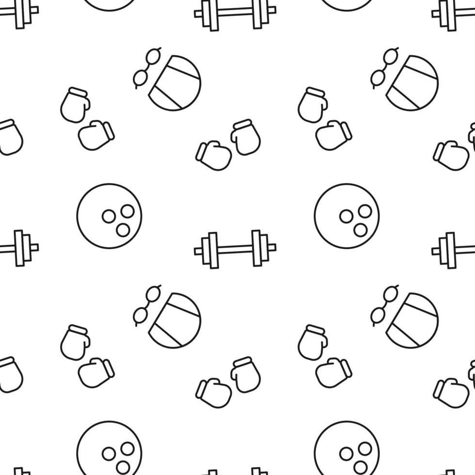 Monochrome vector seamless pattern of dumbbell, swim cap, gloves for boxing, bowling for web sites and polygraphy