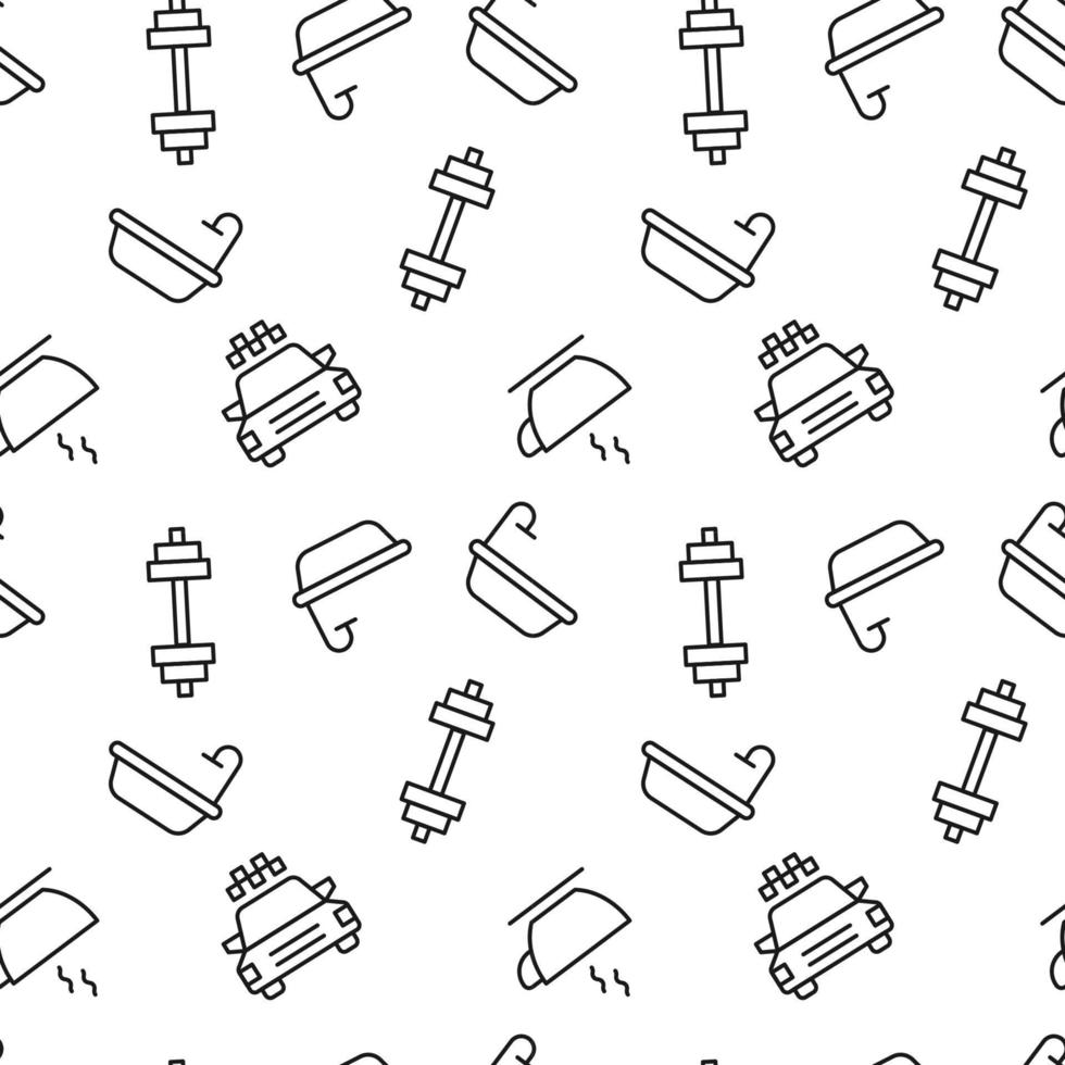 Seamless pattern of taxi, bathtub, dumbbell is made of line icons vector