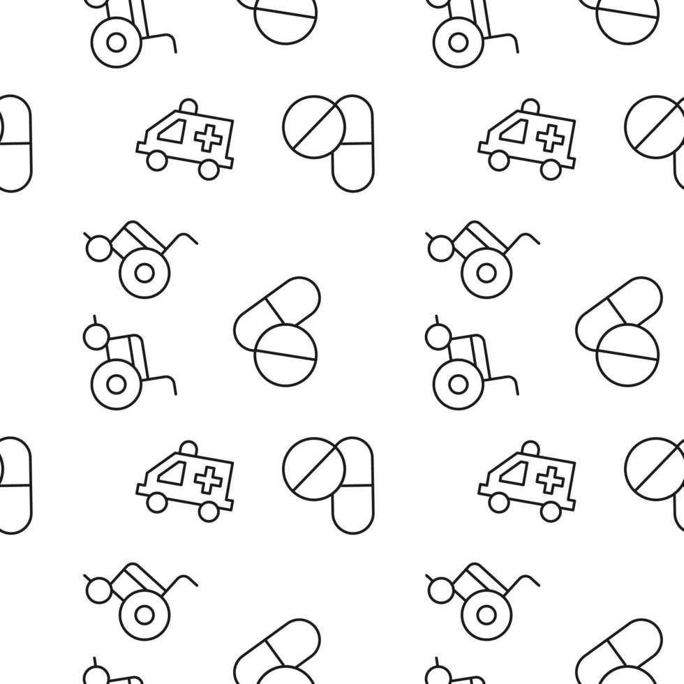 Seamless pattern of pills, wheelchair, ambulance is made of line icons vector