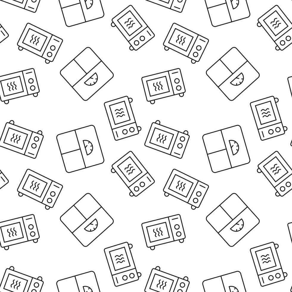 Seamless vector repeating pattern of scales, microwave oven, scales is made of line icons for polygraphy and websites