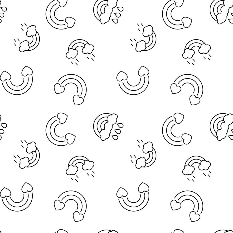 Monochrome vector seamless pattern of rainbow with rain and hearts for web sites and polygraphy