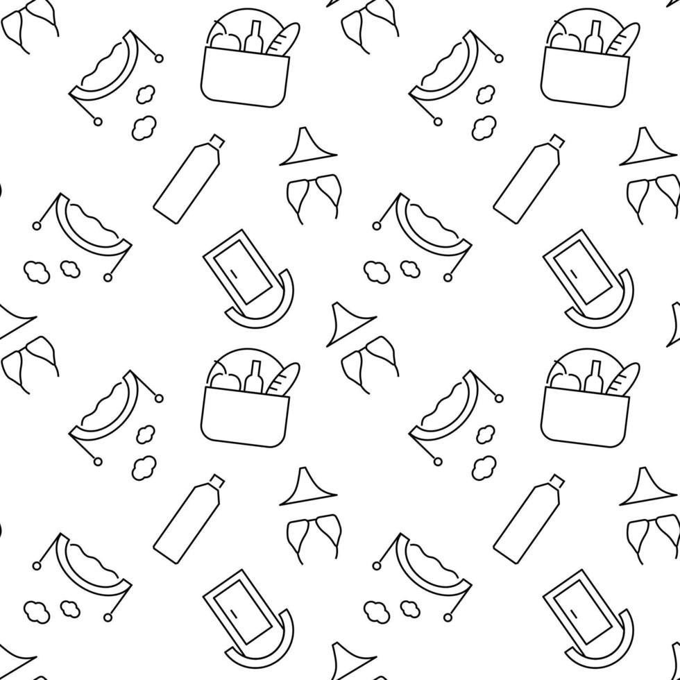 Seamless monochrome repeating pattern of picnic, public toilet, bikini, picnic, bridge, bottle of water vector