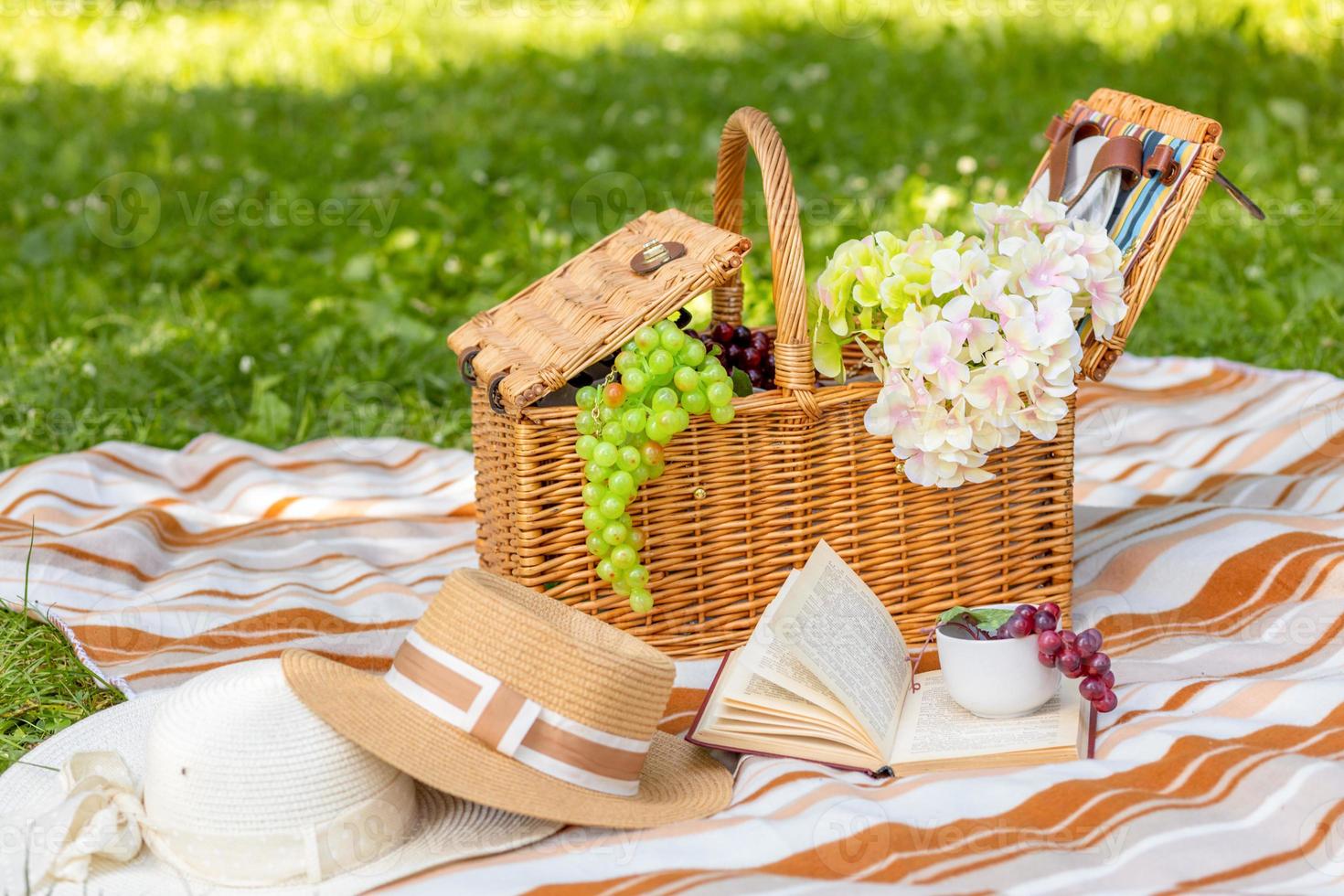 en un verde césped, un linda Paja picnic cesta en contra el fondo de un hermosa verano naturaleza. recreación, al aire libre picnic, familia tradiciones, romance. foto