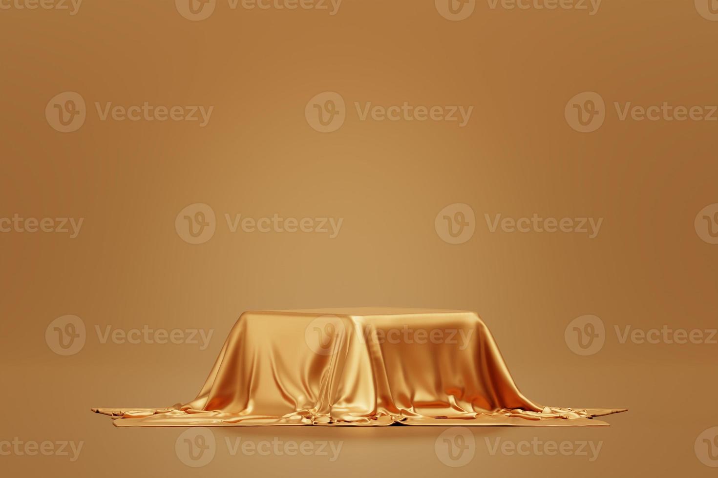 Podium with golden fabric placed on top luxury premium pedestal elegance background for product presentation backdrop empty scene 3d photo