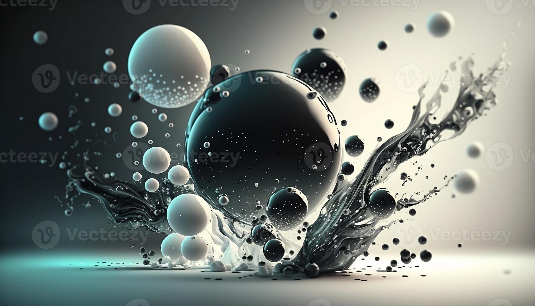 Liquid splash with black and white balloons. Matte blurred background. photo