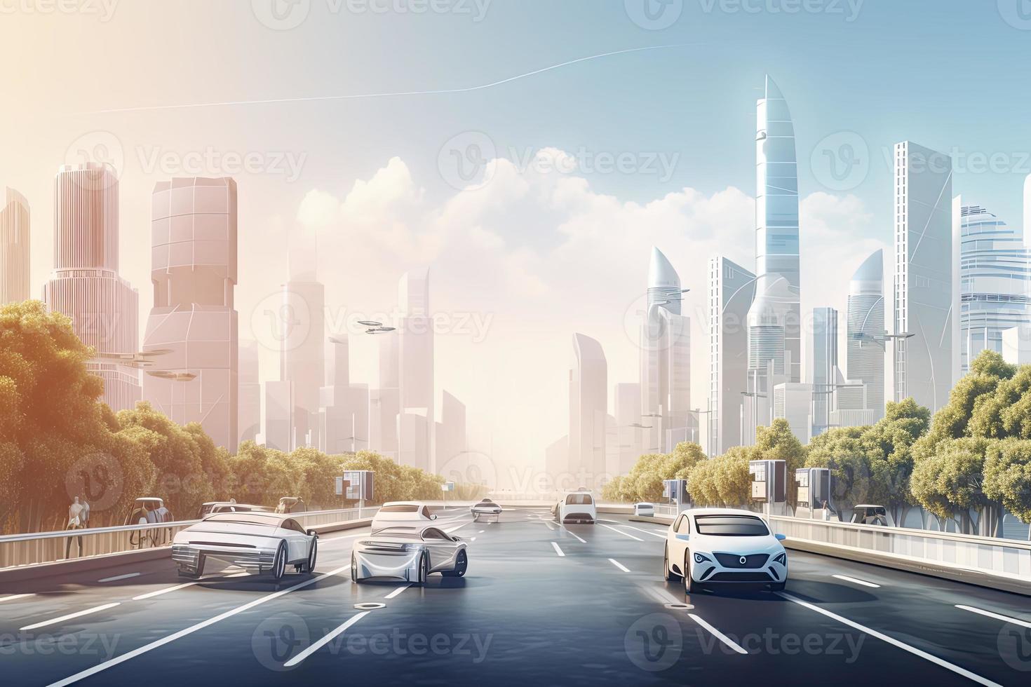 Road in the city with autonomous Driverless cars and people walking on the street. In the background skyline skyscrapers photo