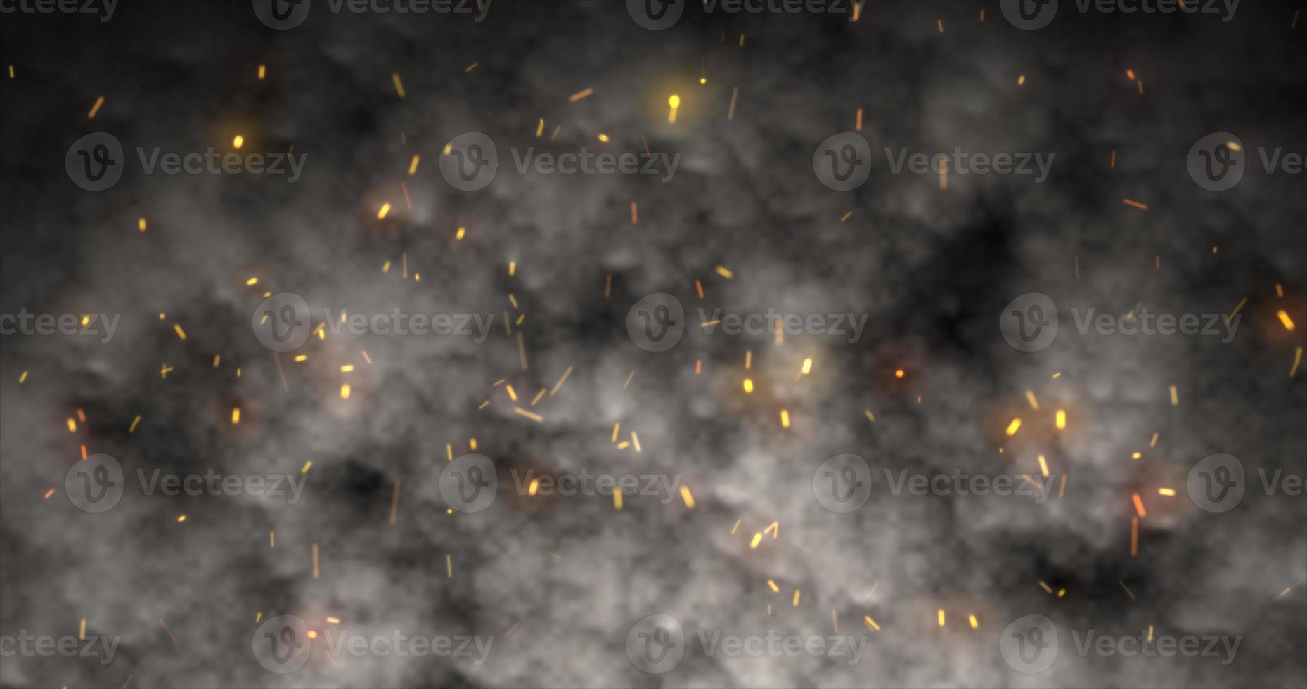 Abstract orange fiery sparks and dark gray bonfire smoke with fire, abstract background photo