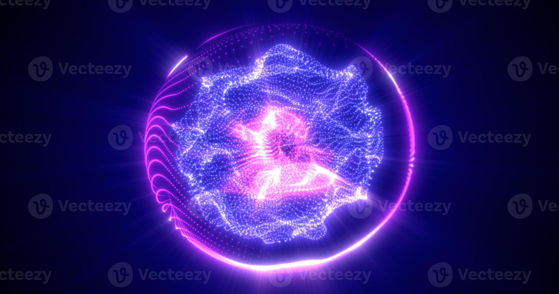 Abstract purple energy sphere from particles and waves of magical glowing on a dark background photo