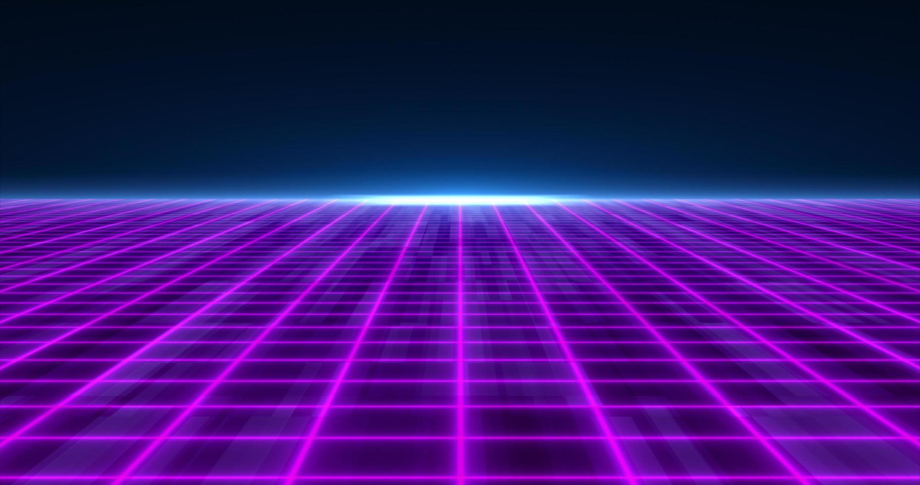 Abstract purple glowing neon laser grid futuristic high tech with energy lines on surface and horizon, abstract background photo