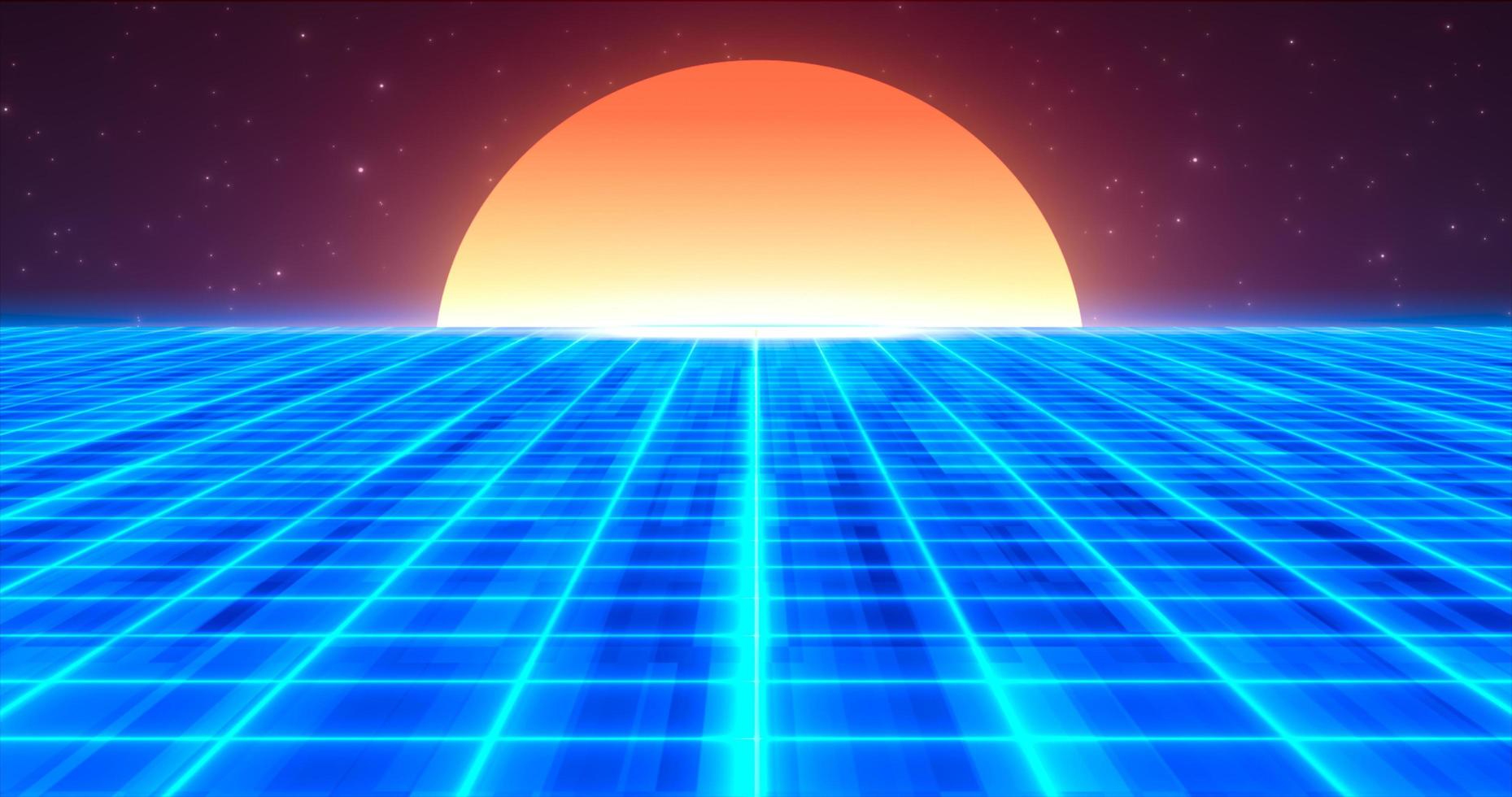 Abstract blue glowing neon laser grid retro futuristic high tech from 80s, 90s with energy lines on surface and horizon with sun, abstract background photo