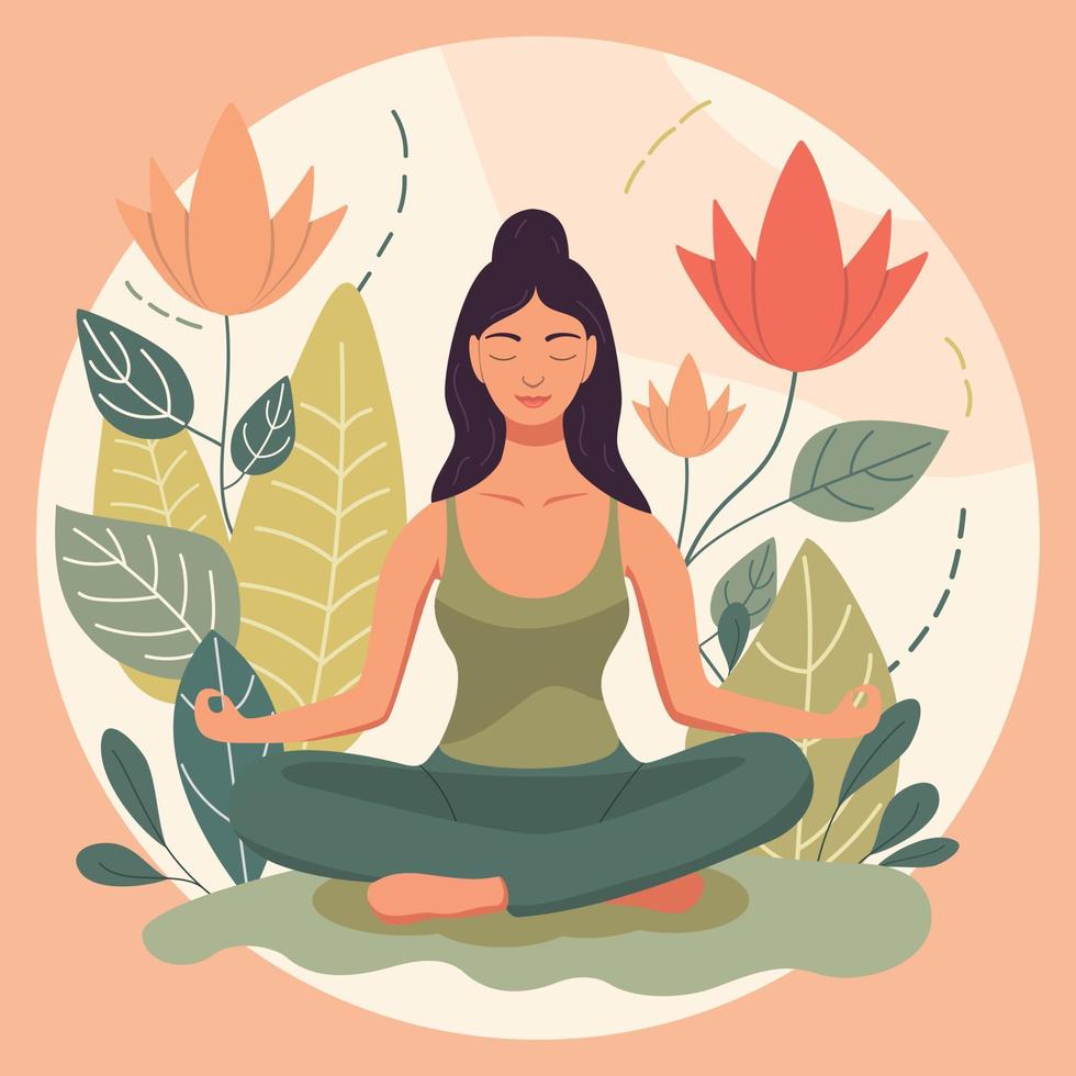 un mujer medita en un pastel antecedentes con flores y hojas. conceptual ilustración para yoga, meditación, relajación, descansar, sano estilo de vida. vector dibujos animados plano ilustración