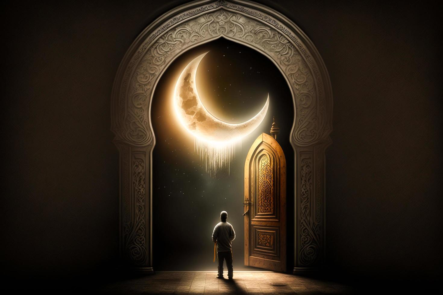 A man stands in front of a moon in a dark mosque door photo