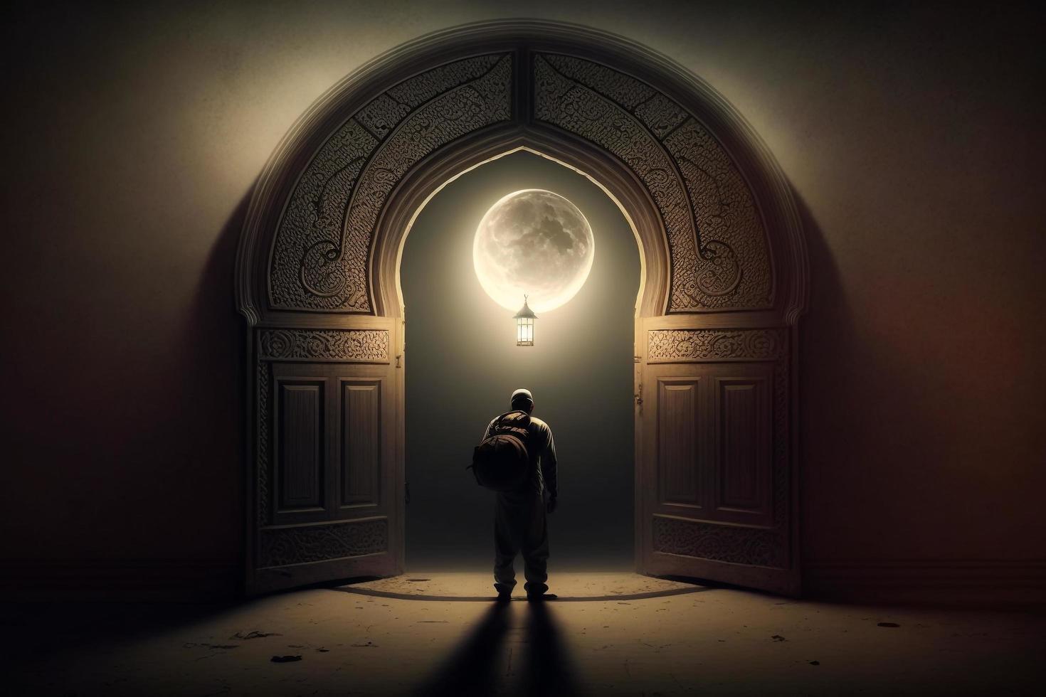 un hombre soportes en frente de un Luna en un oscuro mezquita puerta foto