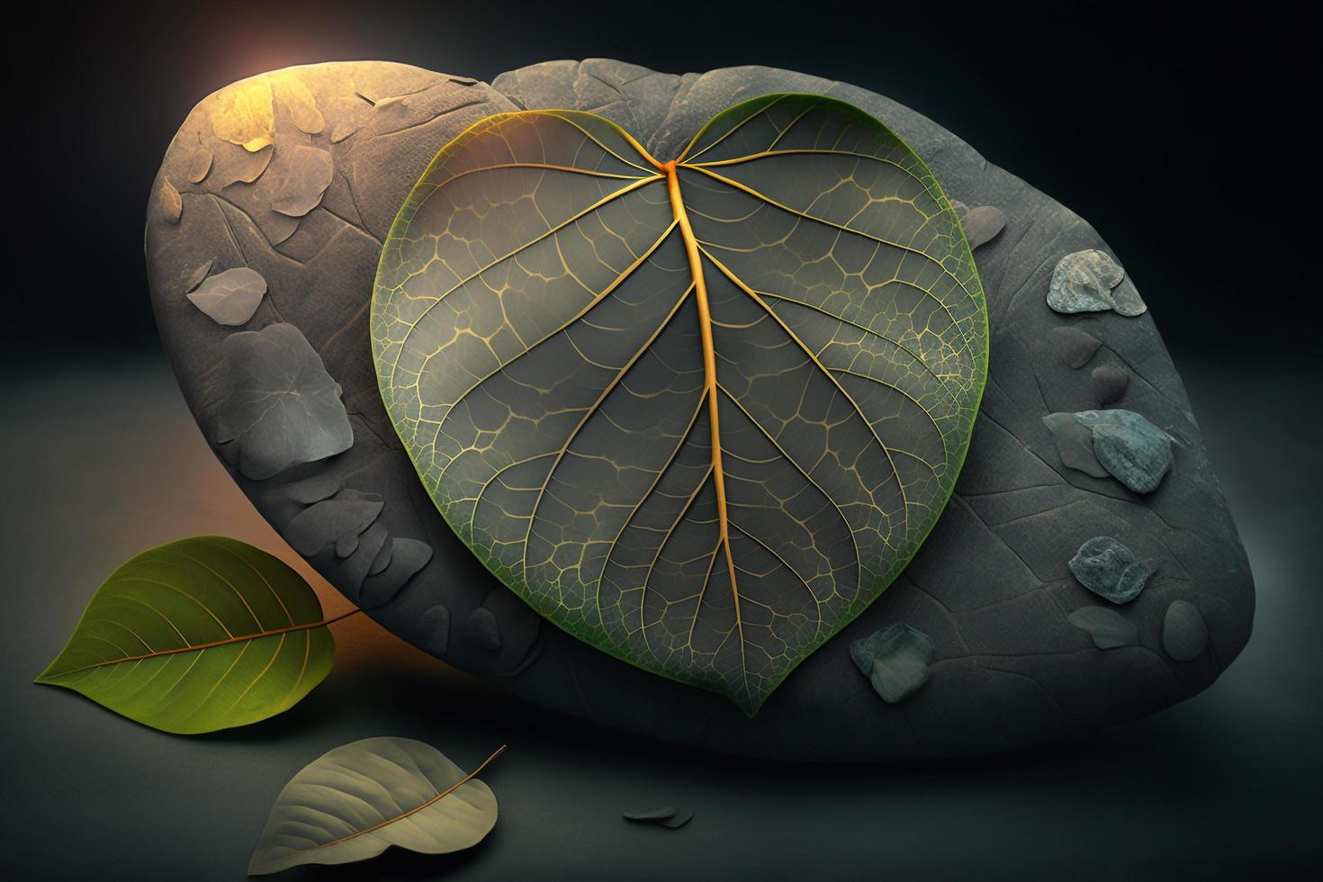 A leaf that is on a rock with the sun shining on it photo