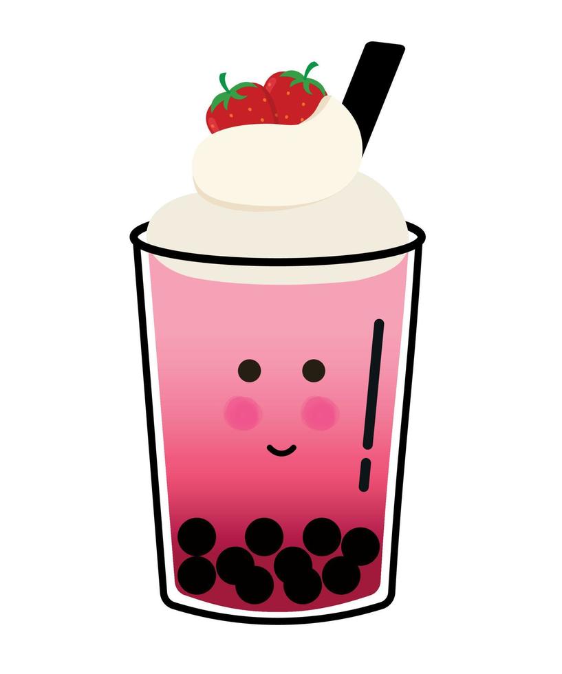 Cute Strawberry bubble milk tea ice drink cartoon doodle character vector