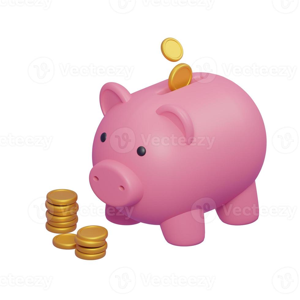 3d render of piggy bank with realistic golden coins isolated photo