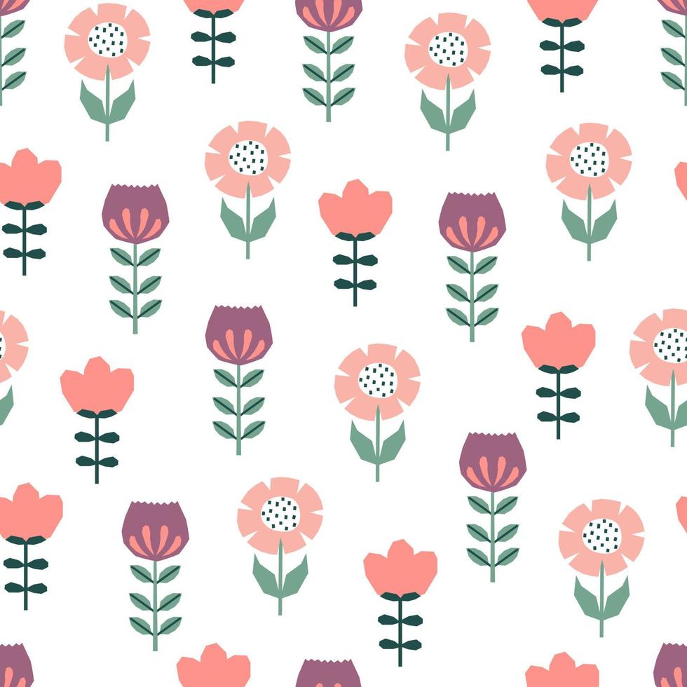 Seamless pattern with hand drawn flowers. Cutout colorful plants on white background. vector