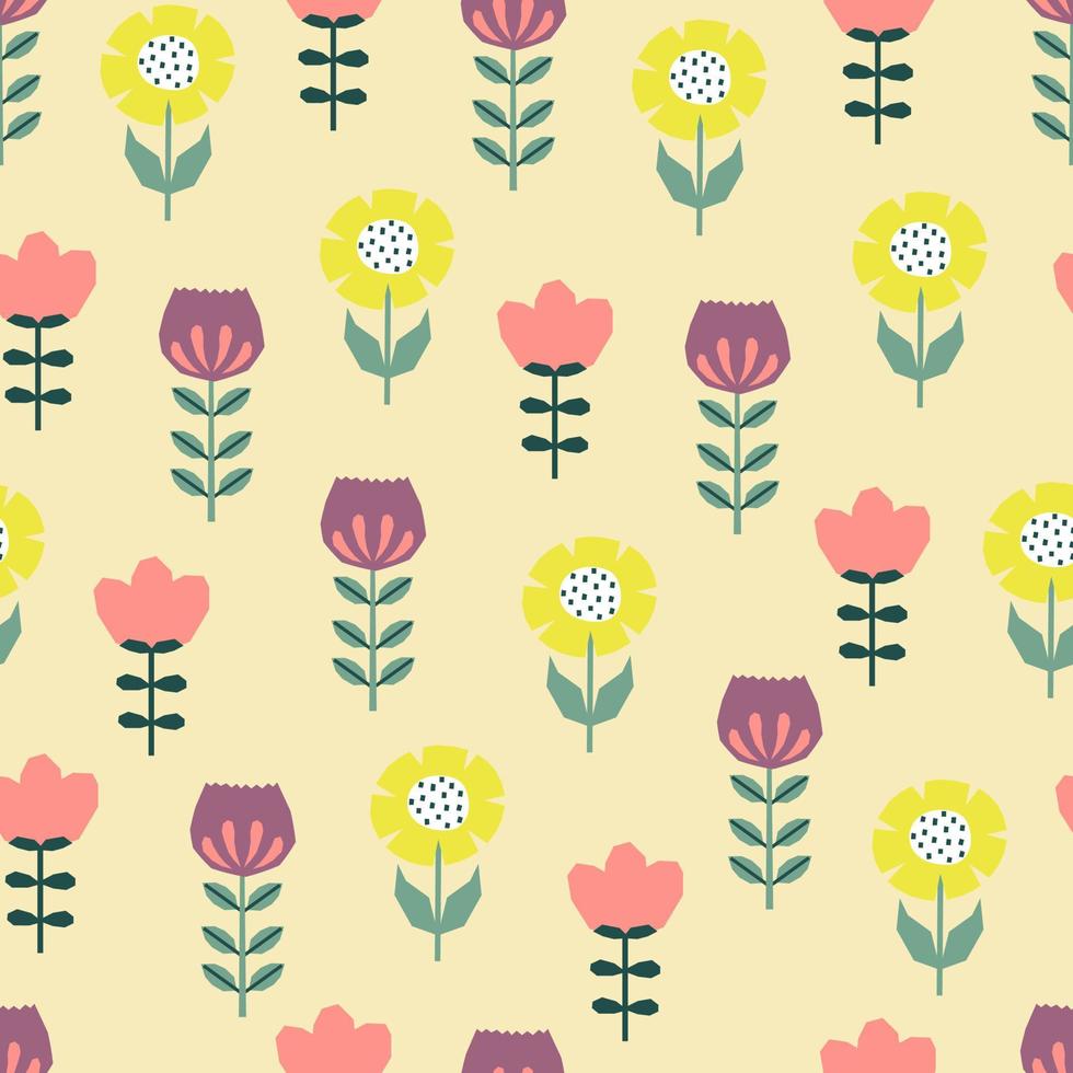 Seamless pattern with hand drawn flowers. Cutout colorful plants on beige background. vector