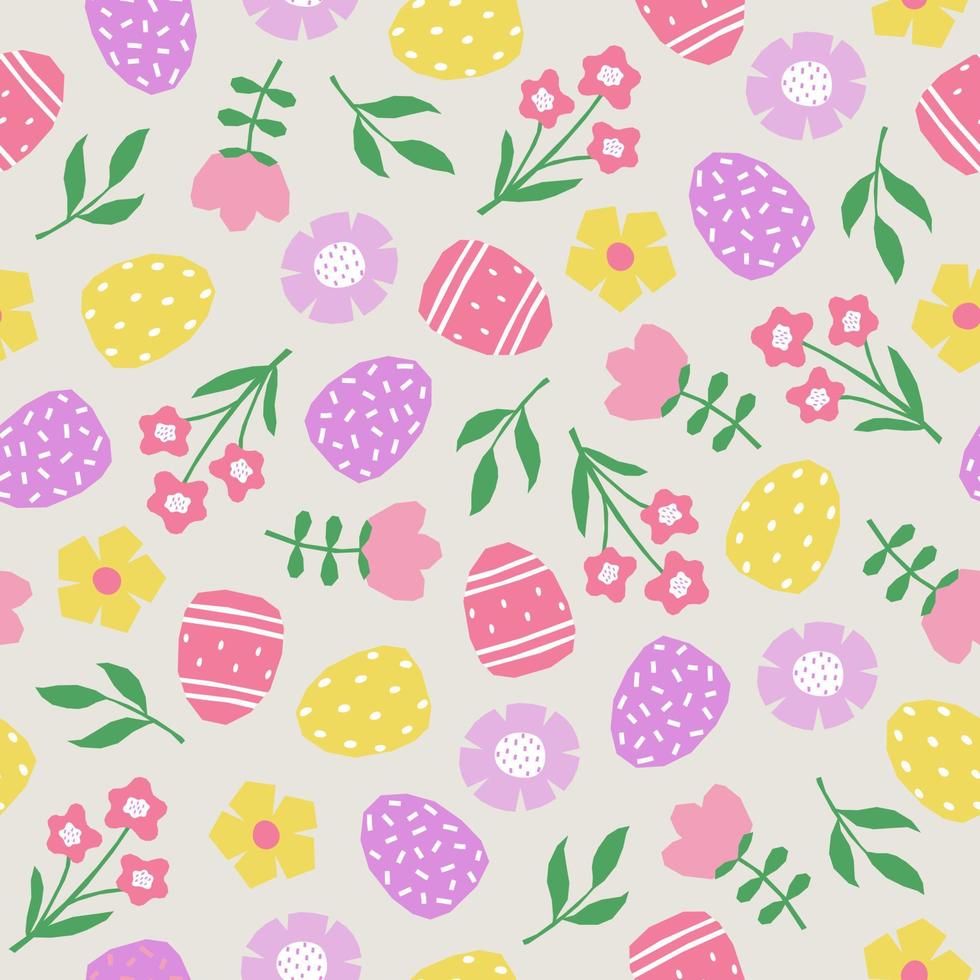 Seamless pattern with hand drawn Easter eggs, flowers and leaves. Cutout colorful plants and eggs on grey background vector