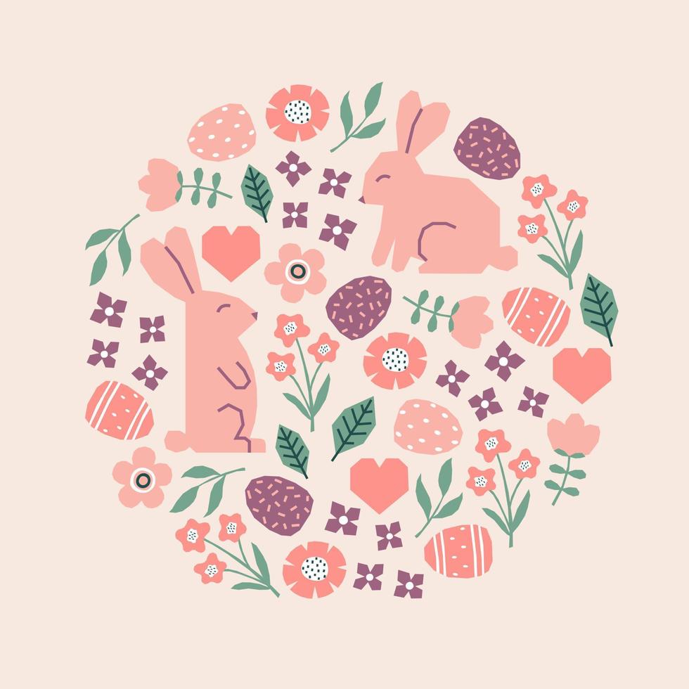 Easter card with rabbits, flowers and leaves pattern. Cutout colorful elements vector
