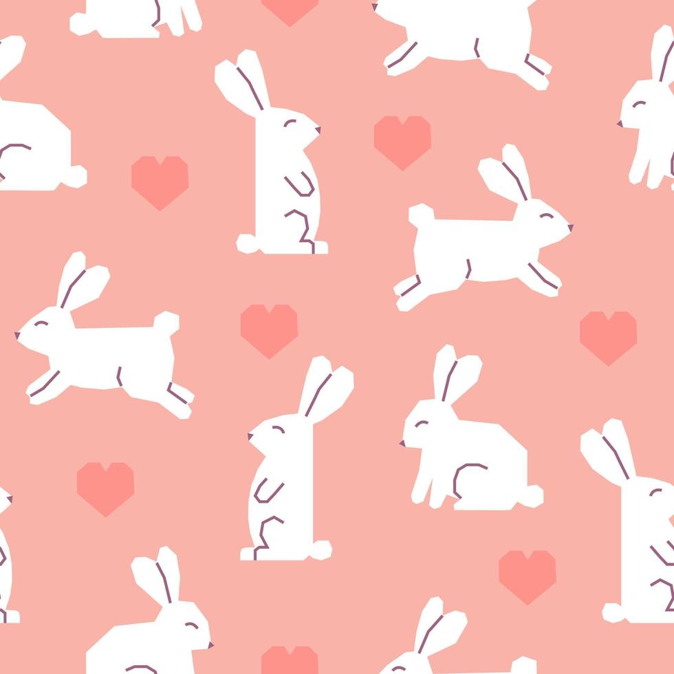 Seamless pattern with Easter rabbits and hearts. Cutout white bunnies on pink background. vector