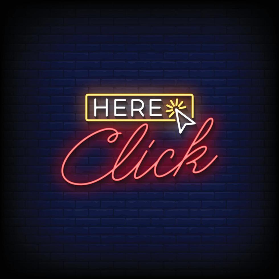 Neon Sign click here with brick wall background vector