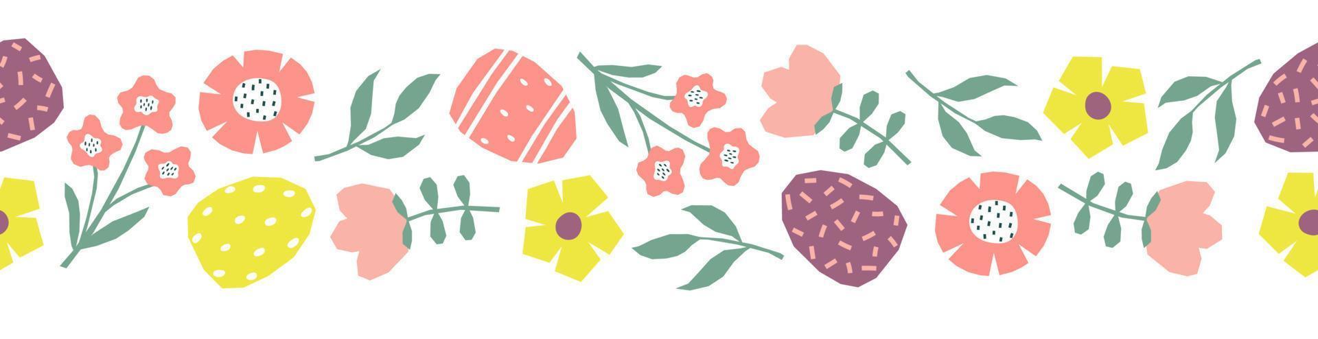 Seamless border with hand drawn Easter eggs, flowers and leaves. Cutout colorful plants and eggs on white background vector