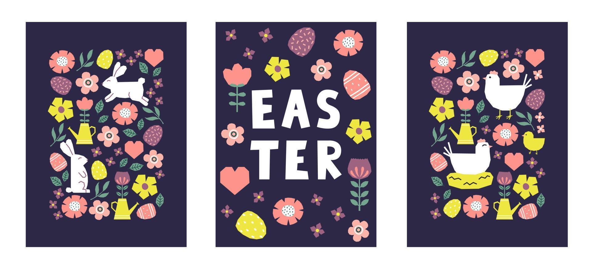 Set of Easter cards with cutout colorful elements. Bunnies, hens, chicken, flowers and leaves on dark blue background. vector