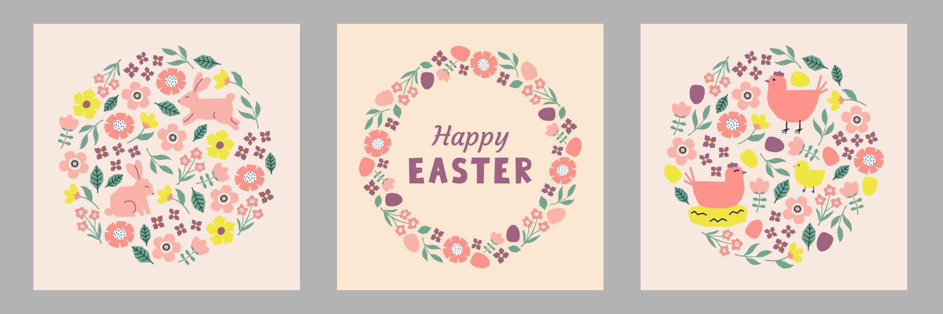 conjunto de Pascua de Resurrección tarjetas separar vistoso elementos. conejos, pollos, gallinas, flores y hojas vector